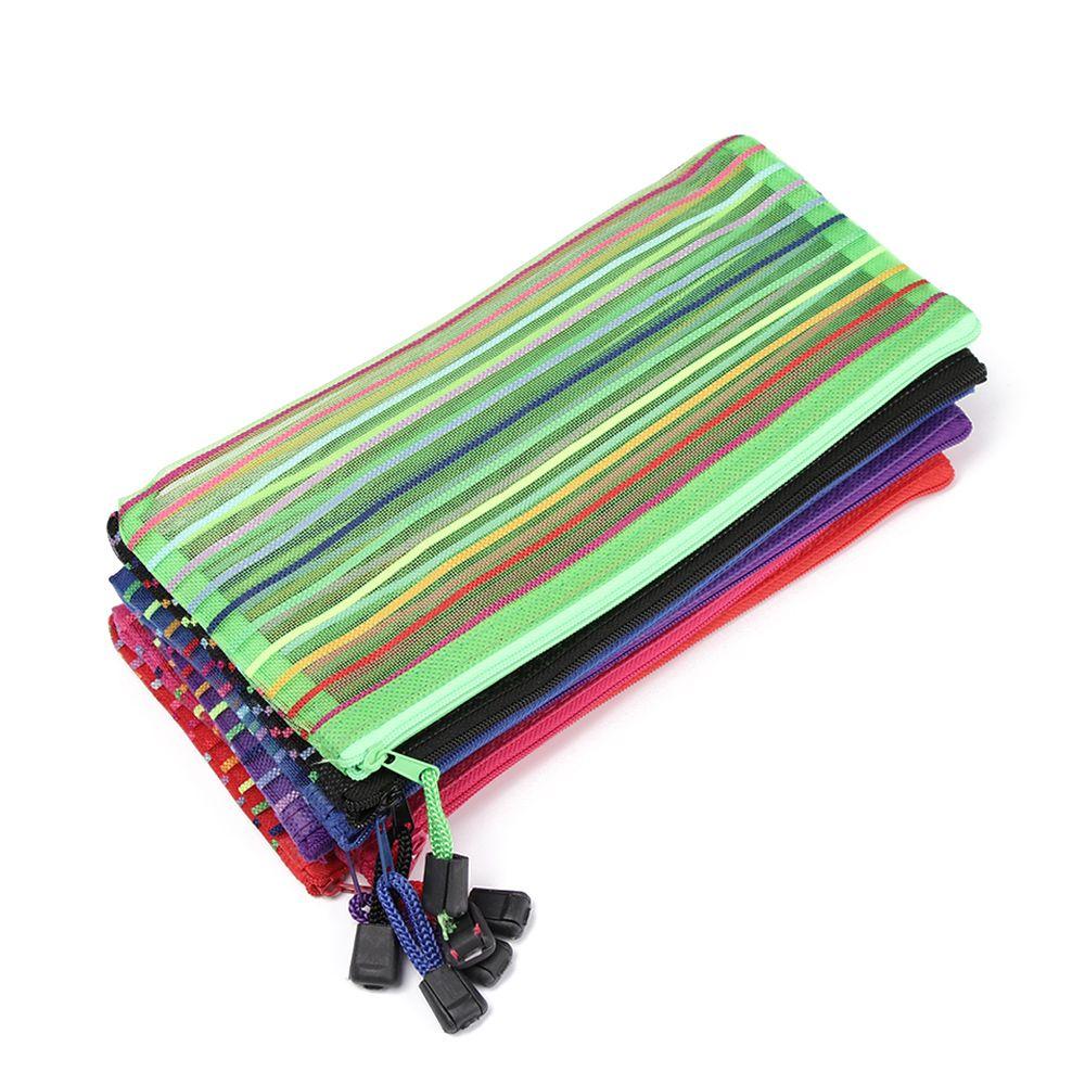 Nylon Stationery Rainbow Color Cosmetic Cosmetic Storage Grid Mesh Pen Bag Zipper Pencil Case