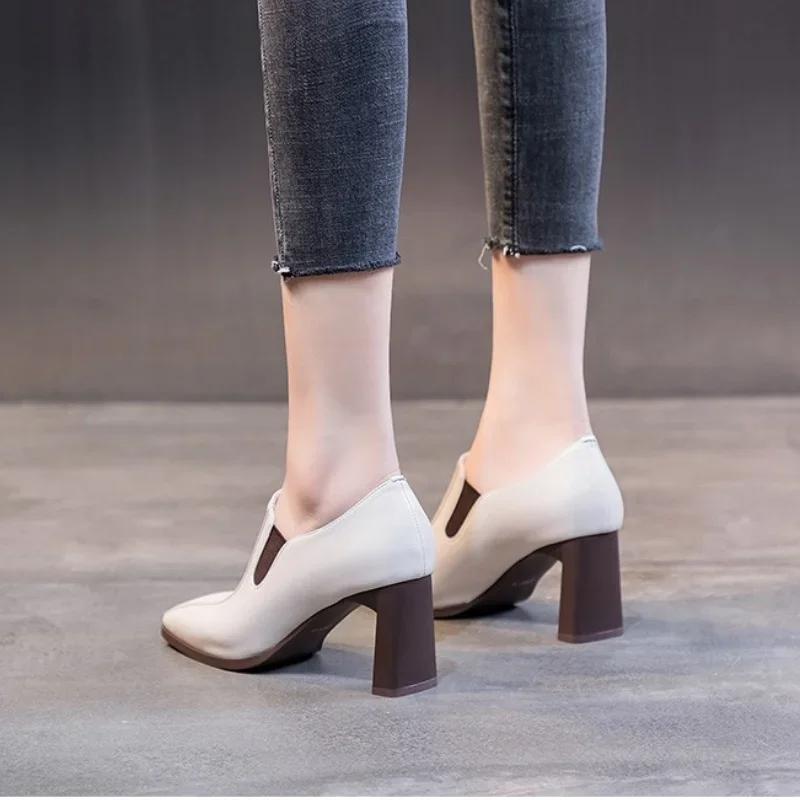 Autumn Women Pums Cozy Work Shoes Slip-On 2024 Vintage Pumps Dress Prom Career Thick Heel 7cm Ladies Shoes Square Toe Pumps