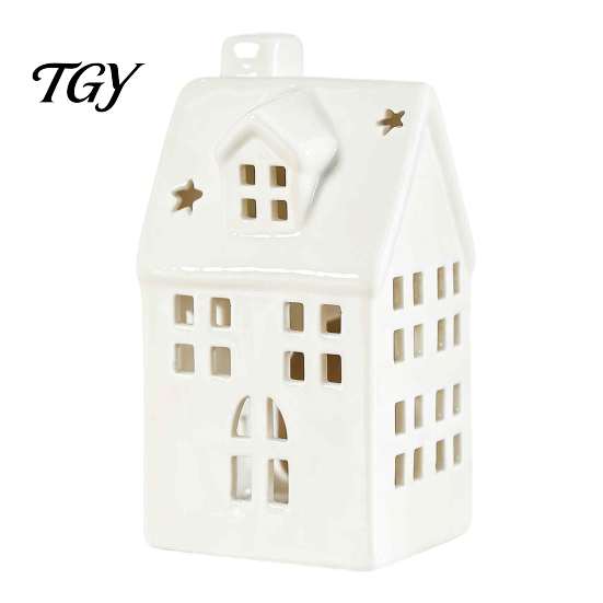 Modern Minimalist Ceramic Art House Shape Candle Holder, White Hollow Tea Light Holder Unique Decor Ornament, Artistic Miniature Figurine for