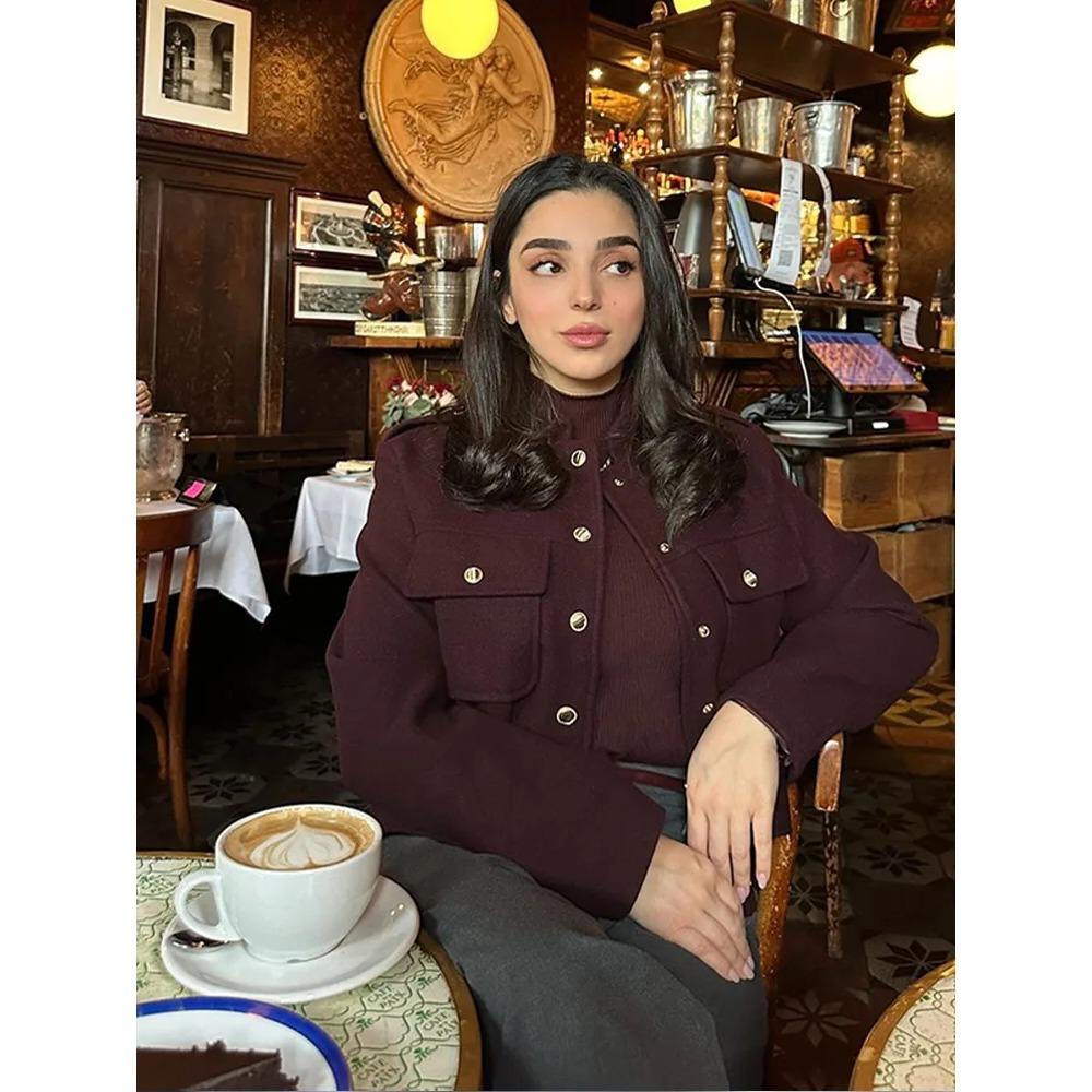 Элегантная женская укороченная куртка бордового цвета с воротником-стойкой, однобортное пальто с длинными рукавами и карманами, осенняя женская верхняя одежда 2024 года, новинка