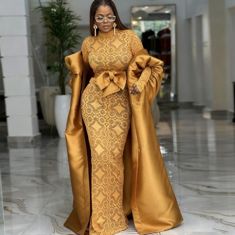 2026 Sexy Gold Maxi Dress Butterfly Belted High Neck Gown Cape Party