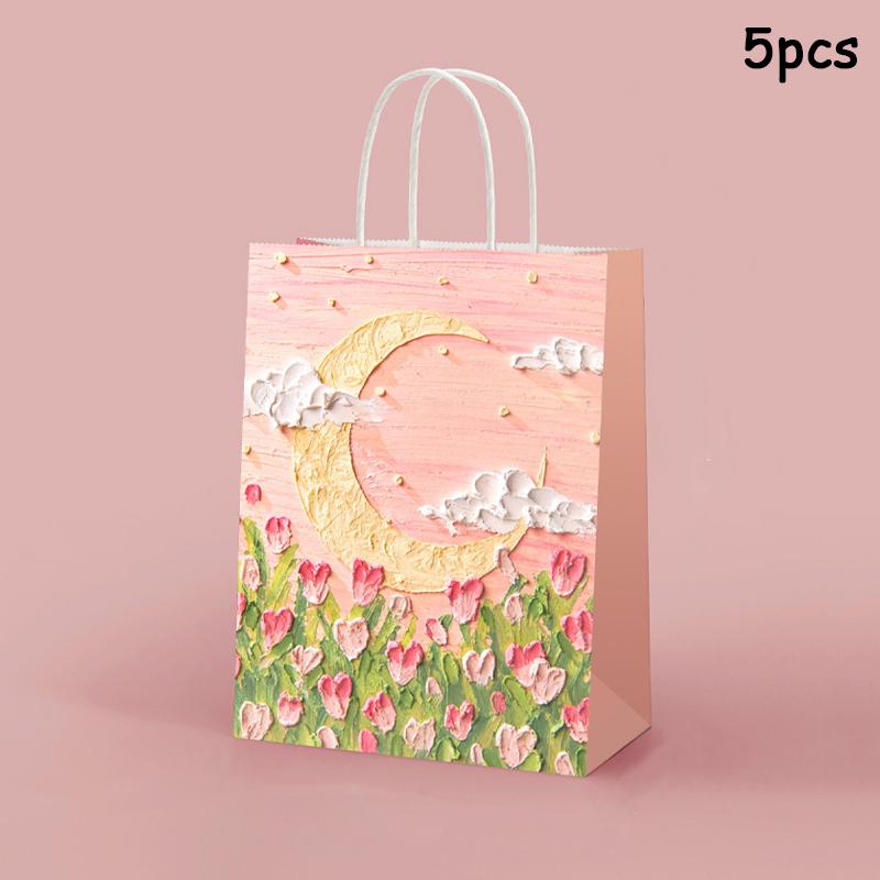 5pcs Kraft Paper Gift Bags Summer Holiday Gifts Bag Birthday Wedding Party Favor Bag Portable Gift Bag 3D Oil Painting Handbag