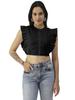 Button Down Solid Cotton Crop Top, Frilled Sleeve Tops Summer