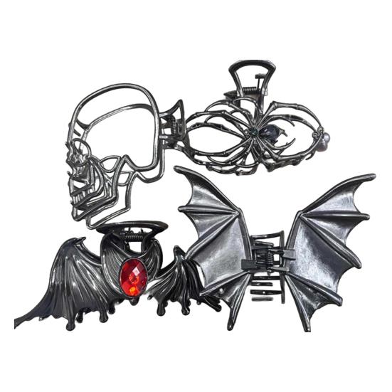 4 шт. Хэллоуинские заколки для волос, черные, в форме паутины, руки скелета, летучей мыши, заколки для волос с противоскользящими зубьями, заколки-акулы для затылка