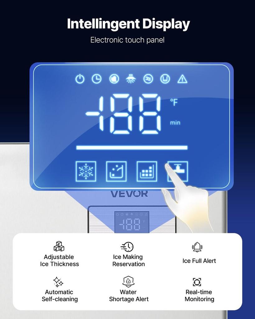 Commercial Ice Maker Machine - Head, 181 kg/Day Stainless Steel Ice Machine with Scheduled Ice-Making, Self-Cleaning, Adjustable Thickness, Ideal for