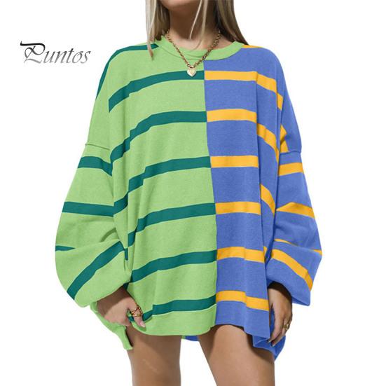 Осенне-весенний женский свитшот с цветным полосатым принтом и круглым вырезом, свободный трикотажный свитер средней длины, повседневная одежда, топ