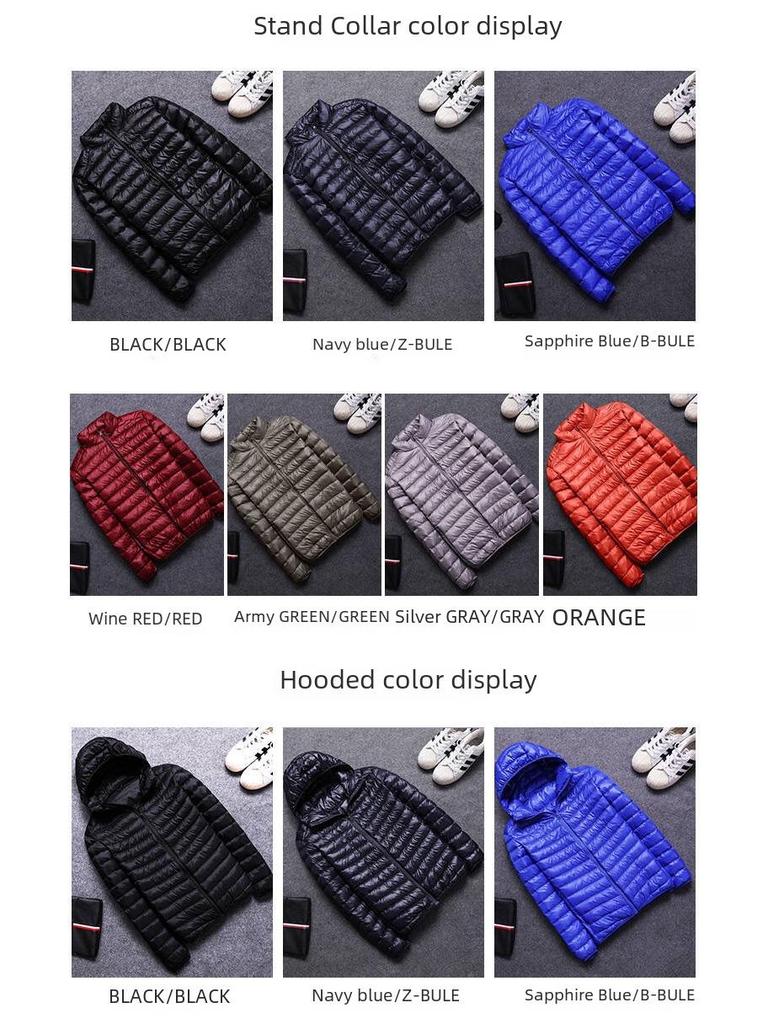 Мужская куртка из хлопка с капюшоном и перьями — популярное легкое и тонкое зимнее пальто, короткий фасон, воротник-стойка, большие размеры.