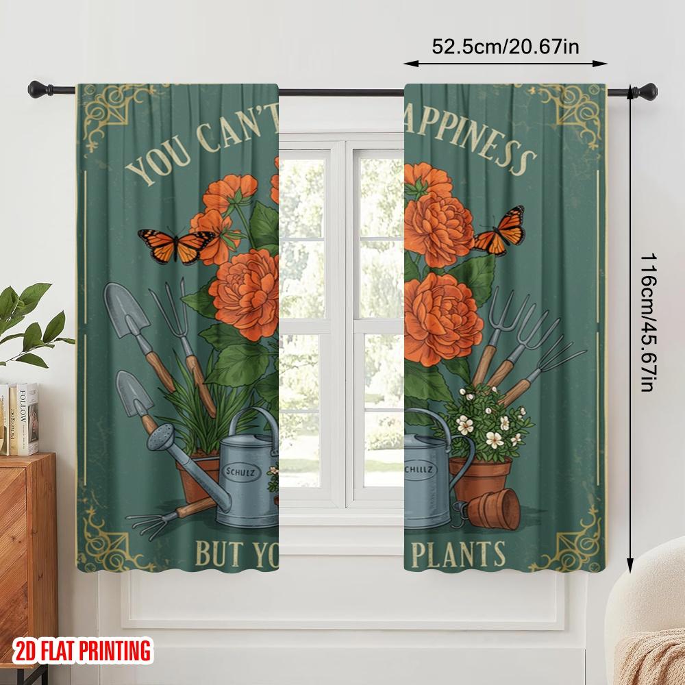 2pcs 2D Flat Printing Curtains Gardening Happiness Plants Butterflies 100% Polyester Fabric Without Electricity All Season Party