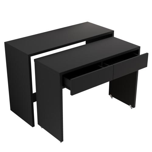 2-in-1 Extendable Black Desk, Compact Writing Table with Brake Casters, Multifunctional Home Office Particle Board Table