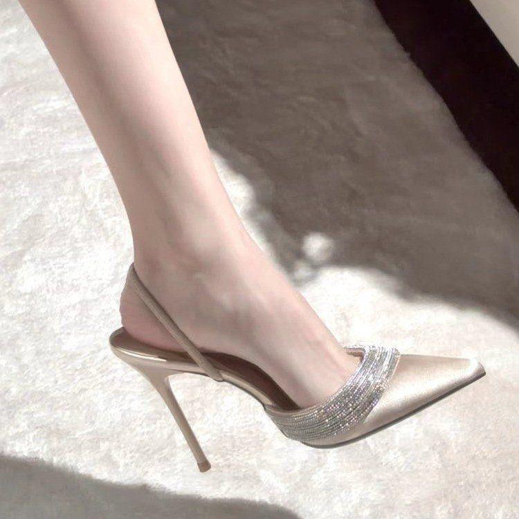 Летняя мода Ниш шампанского цвета со стразами на высоком каблуке женские туфли-шпильки шелковые сексуальные свадебные туфли сандалии с сумкой на голове