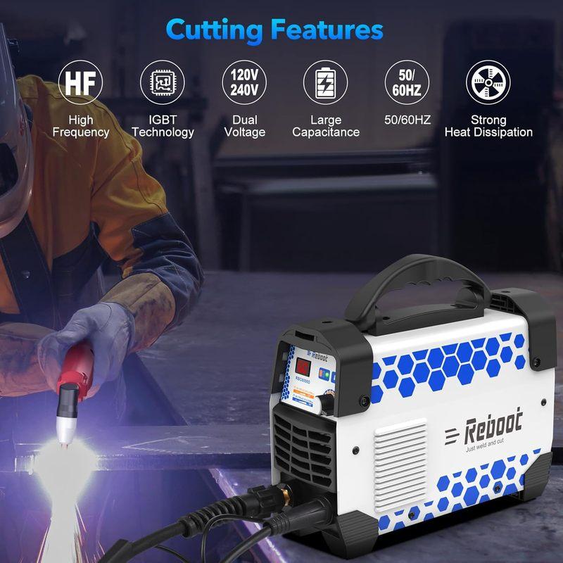 Перезагрузка RBC6000D 60A 120В/240В Двухвольтный Плазменный резак, Чистый рез 1/2 дюйма IGBT, Портативный, Предварительно установленный регулятор воздуха, Горелка и наконечники
