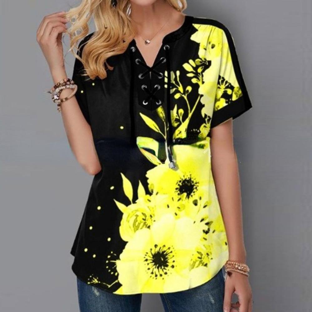 Женская футболка с цветочным принтом и коротким рукавом, повязка с крестом и v-образным вырезом, свободная футболка, женские топы больших размеров, летние футболки, одежда