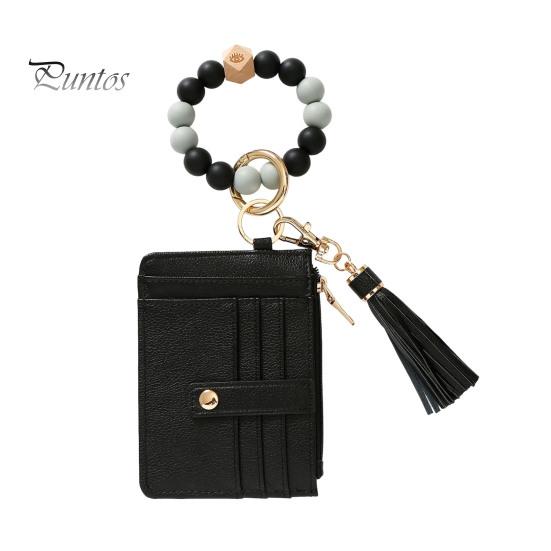 Брелок на запястье с блокировкой RFID и 6 отделениями для карт, браслет с кисточками и бусинами, брелок из искусственной кожи