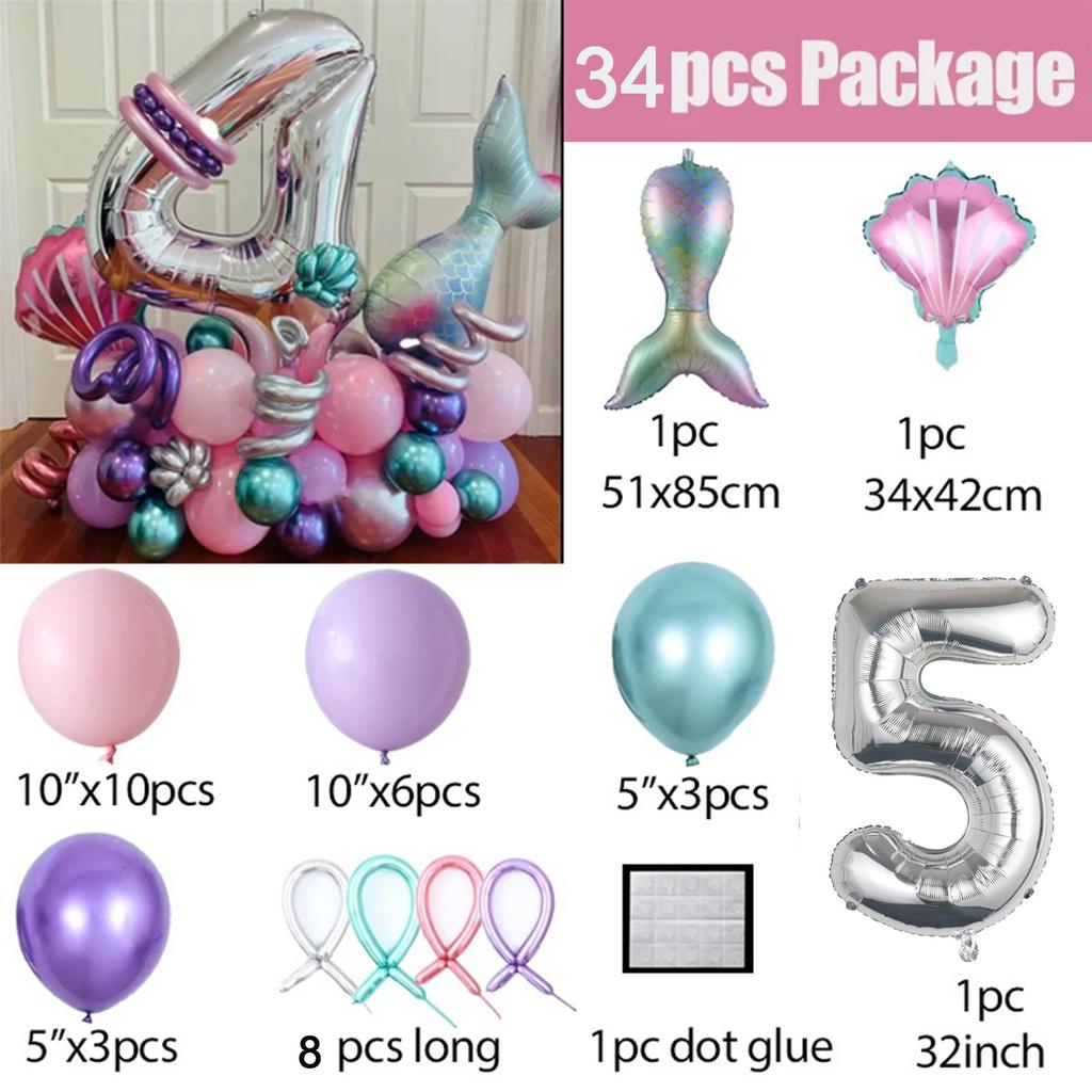 34 шт. воздушные шары с хвостом русалки, розовый, фиолетовый, воздушный шар из фольги с номером, детские украшения для дня рождения, вечерние шары с русалочкой