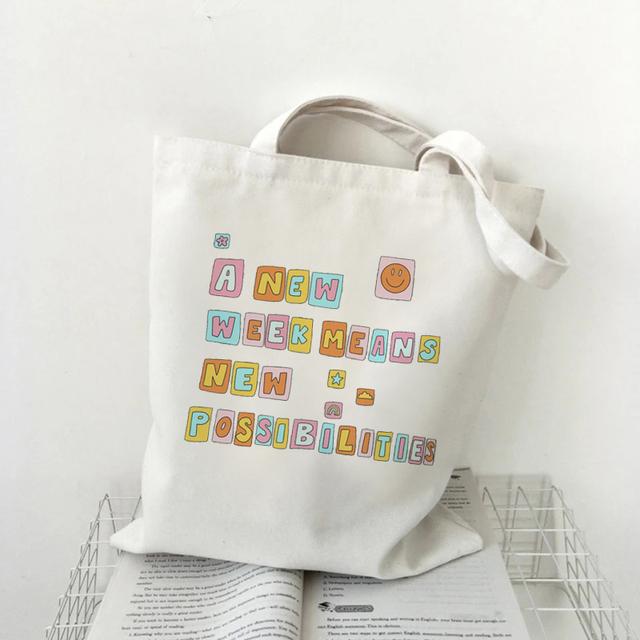 Женская сумка для покупок на одно плечо с принтом букв Kawaii Bag Harajuku Холщовая сумка для покупок для девочек Белая большая вместительная сумка