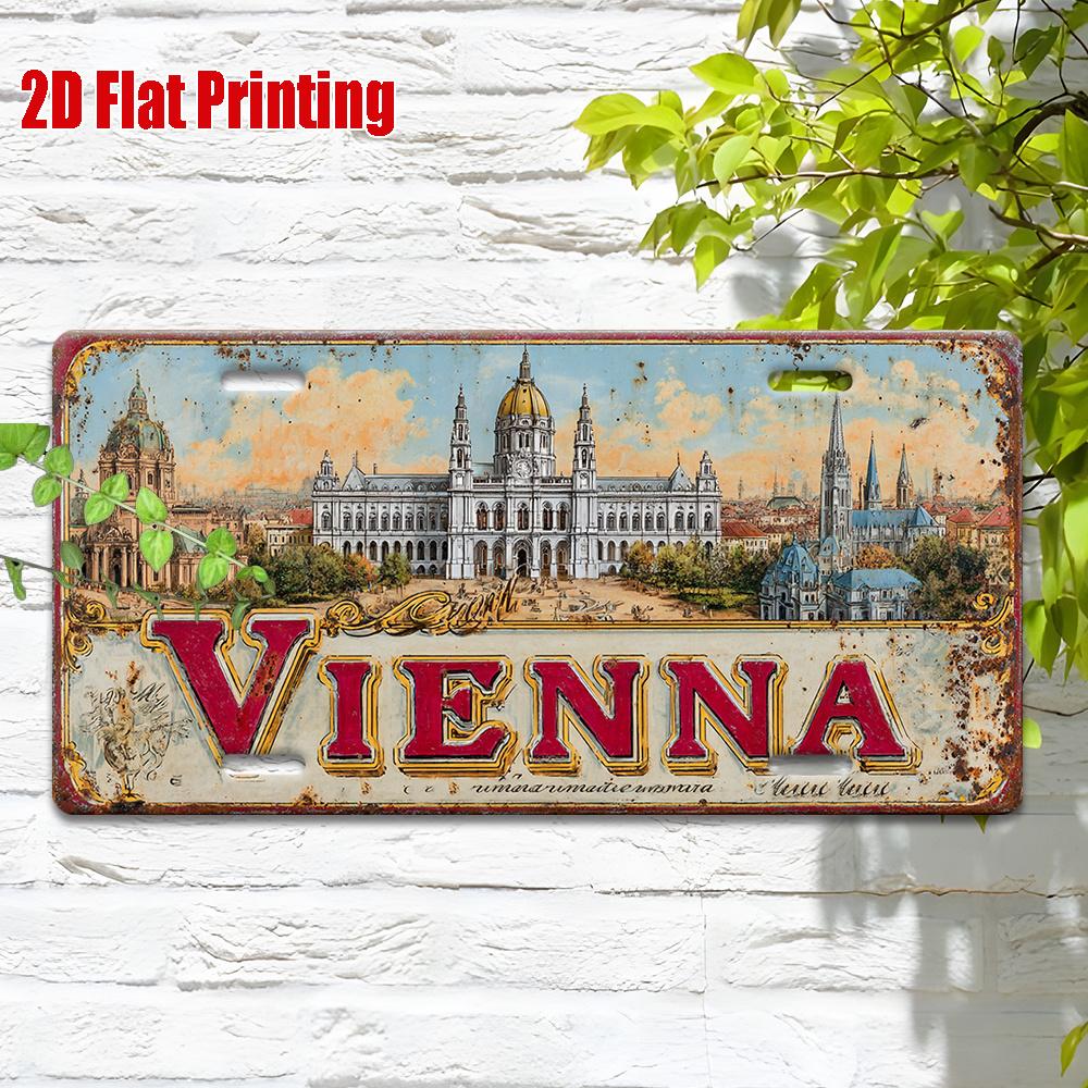 D-flat Печать Винтажная Потертая VIENNA с Иллюстрацией Исторического Австрийского Городского Пейзажа Алюминиевая Жестяная Картина Номерной Знак