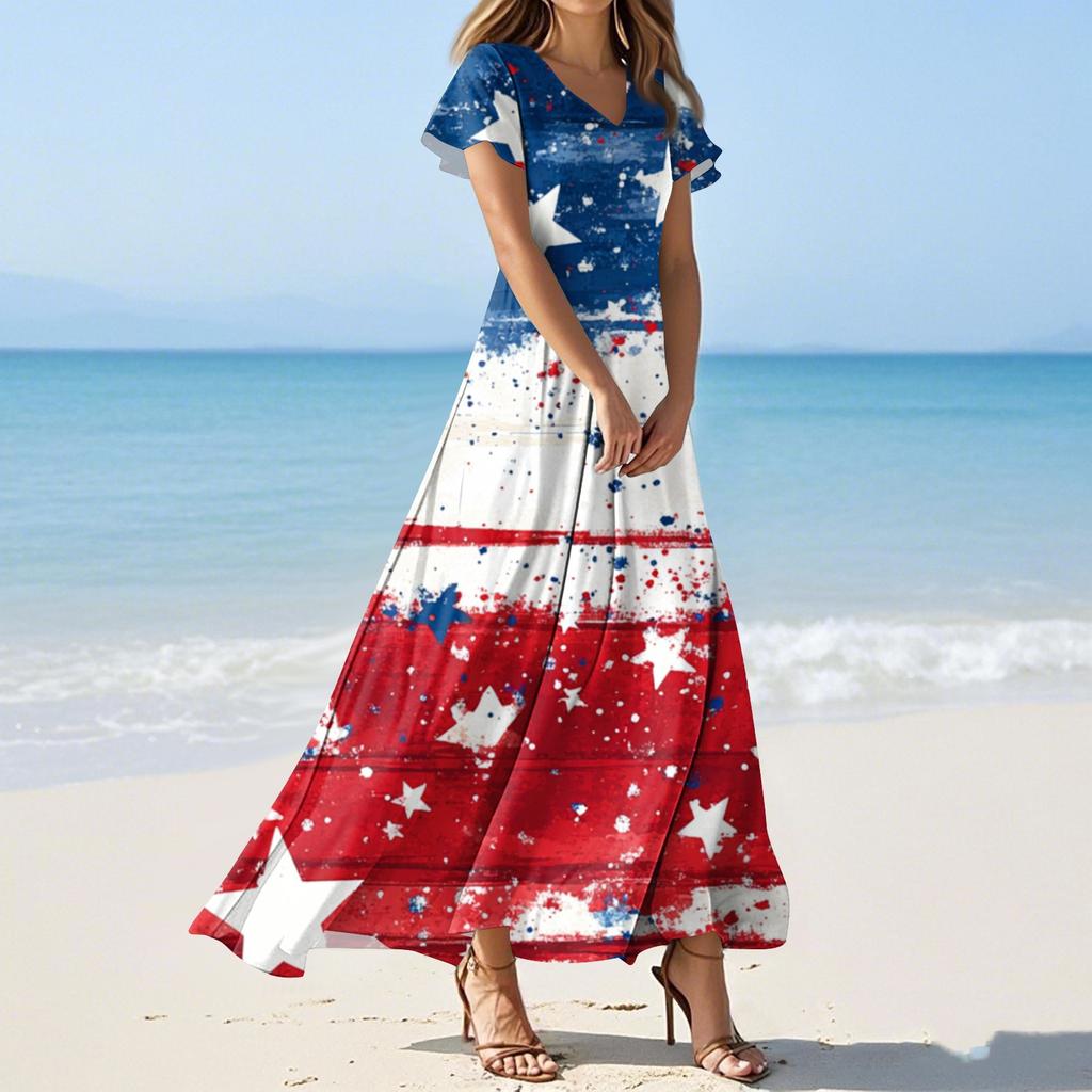 Женские летние повседневные модные платья с принтом ко Дню независимости, платья с коротким рукавом и V-образным вырезом