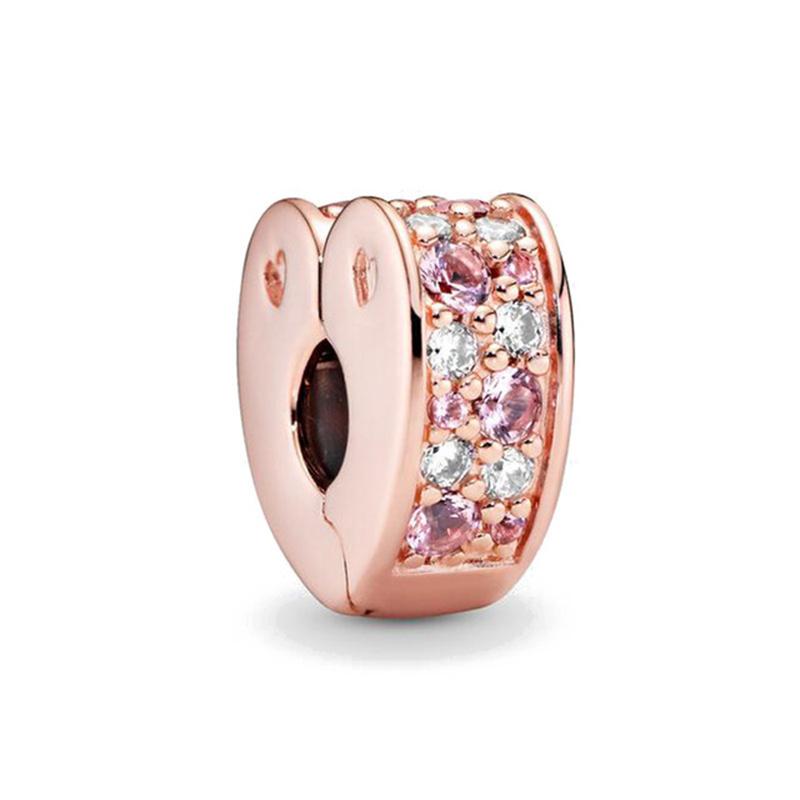New 925 Silver Round Flower Pattern Sparkling Pink Heart-shaped Clip Charm Bead Fit for Bracelet DIY Women's Jewelry