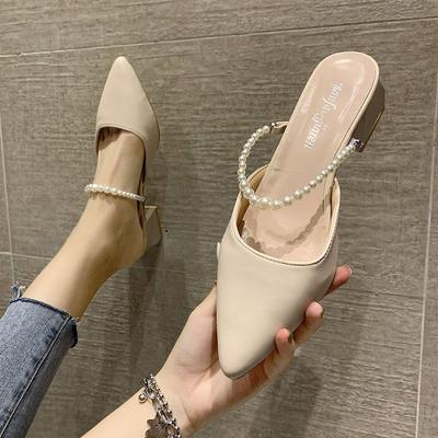 Баотоу полубосоножки летние новые верхняя одежда с юбкой бежевые остроносые жемчужные босоножки на шпильке