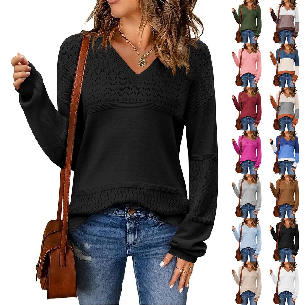 Women's Loose Knitted Sweater With V-Neck Hollowed Out Pullover Long Sleeved Solid Color Top