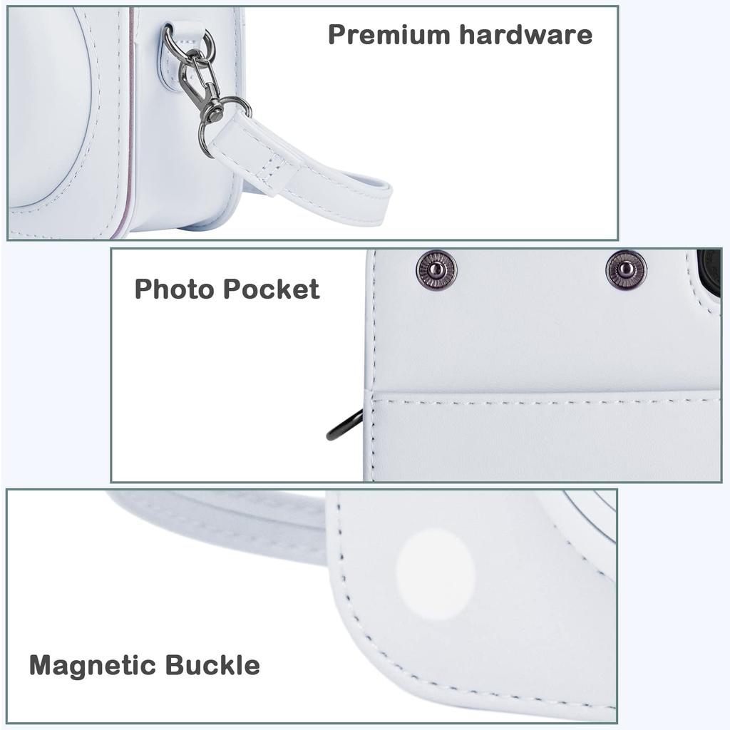 kinokoo Instax Mini 12 Case, Fujifilm Instax Mini 12 Camera Case with Magnetic Closure and Shoulder Strap (White)