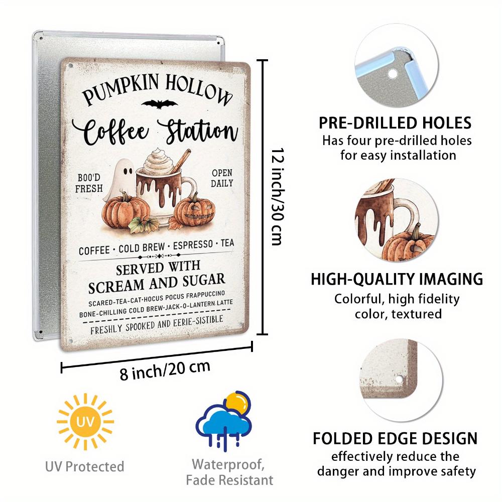 Pumpkin Hole Coffee Station Metal Tin Sign - Vintage Halloween Decoration, UV-resistant, Waterproof and Fade-resistant
