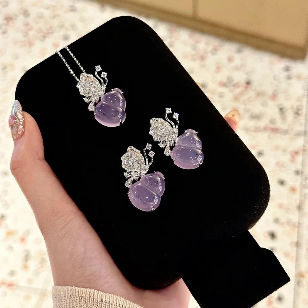 Sterling silver dream purple butterfly gourd necklace purple chalcedony clavicle chain women's high carbon diamond new Chinese pendant