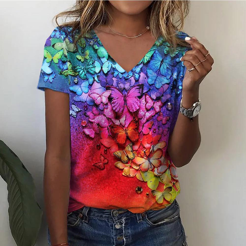 Women's T-shirts Fashion Tops V-neck Colorful Butterfly T Shirt Female Short Flowers 3 Print Casual T-Shirts