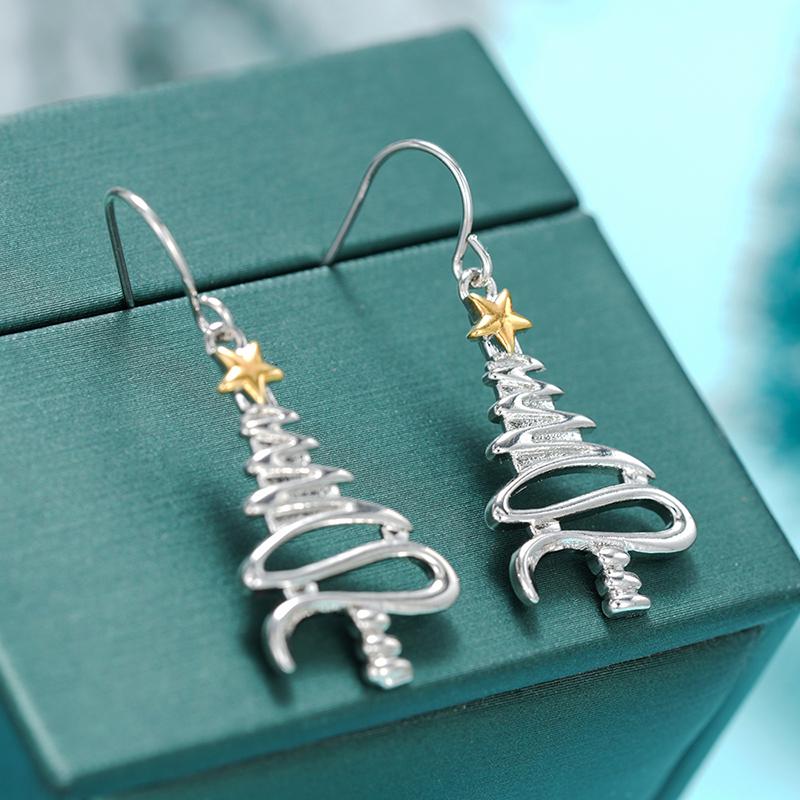 1Pair Simple Stylish Christmas Tree Shaped Hanging Earrings For Women Metal Style Yellow Star Exquisite Female Party Jewelry