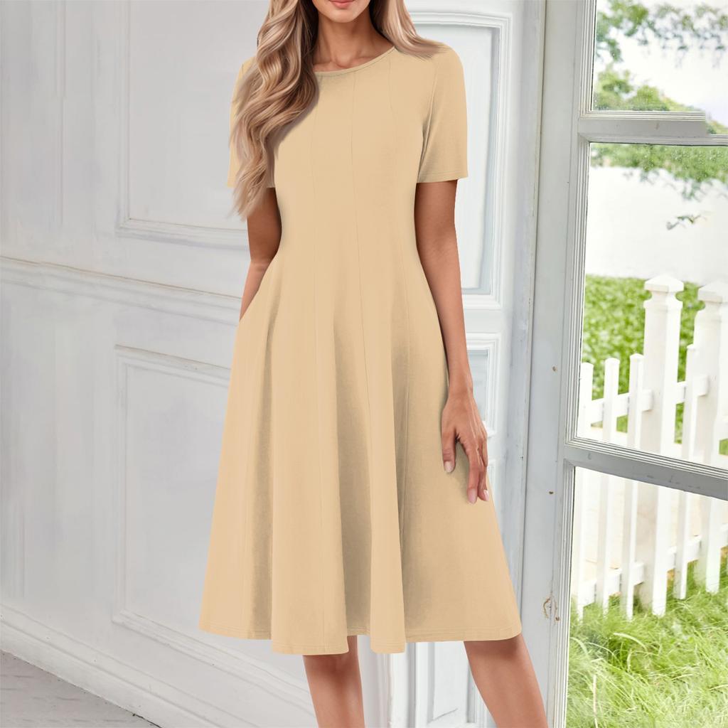 Женское повседневное и модное платье с круглым вырезом и коротким рукавом, однотонное, средней длины