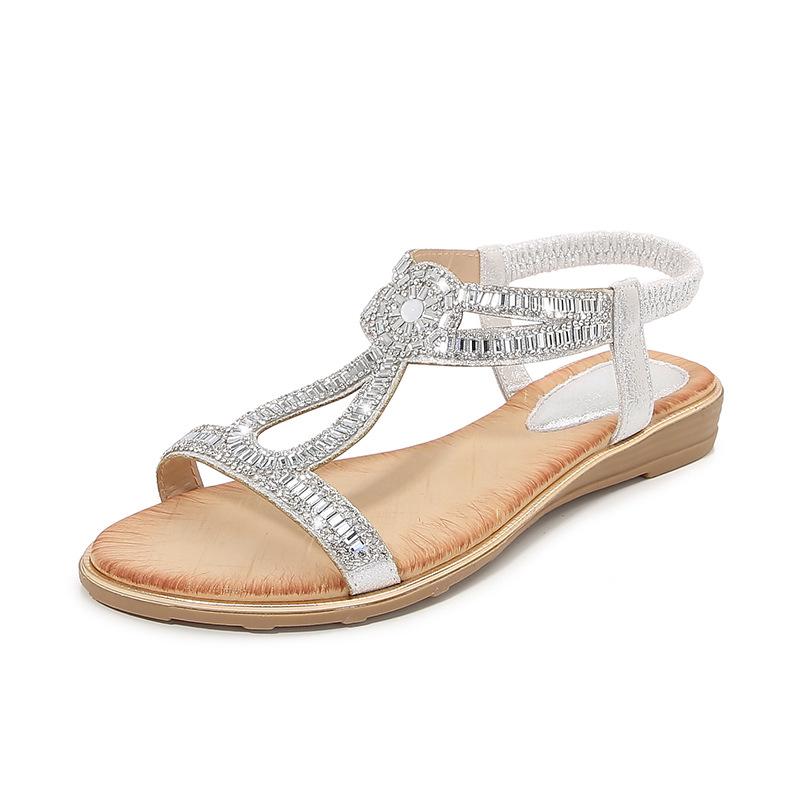 Большие размеры, босоножки на плоской подошве со стразами, удобные женские туфли в стиле бохо, лето 5151-2