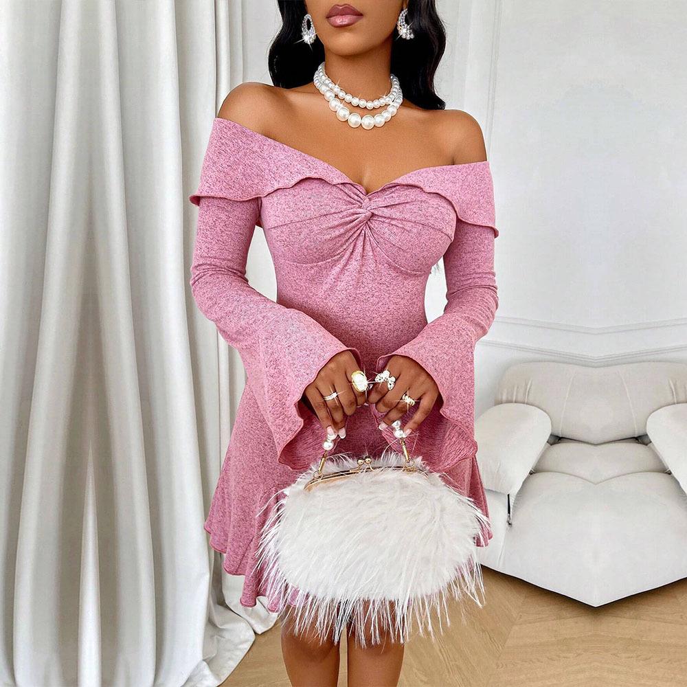 2024 Women's One-Shoulder Bell Sleeve Party Dress - European & American Style