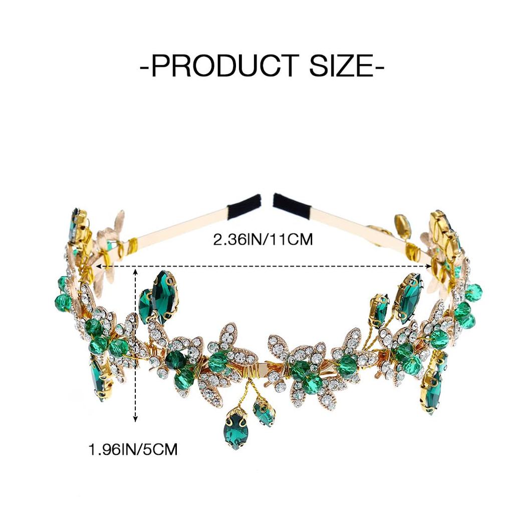 JEAIRTS Green Rhinestone Headband Gold Leaf Wedding Headpiece Bridal Crystal Beaded Hair Pieces Glitter Bride Hair Accessories for Women