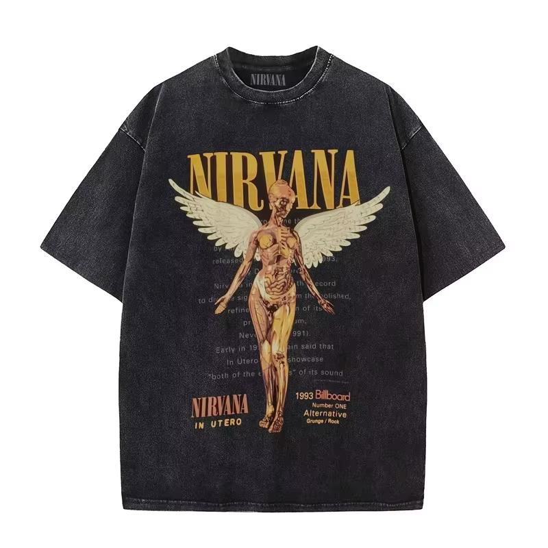 Рок-группа Nirvana Мужская Ретро Хлопковая Стиранная Футболка Альбом In Utero Мужская Женская Оверсайз YK Футболка с Потертостями Повседневная Свободная Уличная Одежда