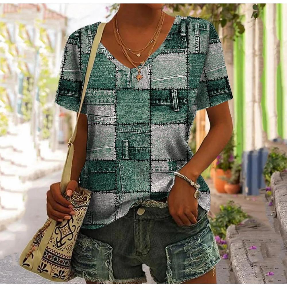 Женская футболка в стиле пэчворк в винтажном стиле, топы с клетчатым принтом, женская одежда, V-образный вырез, Harajuku, летний свитер, футболки большого размера с коротким рукавом