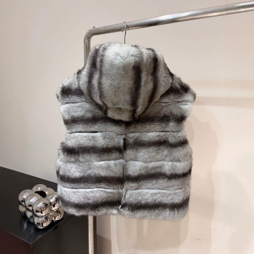 Autumn and winter Cuban dusk light luxury gradual change pattern hooded rabbit fur casual versatile loose vest jacket women's vest