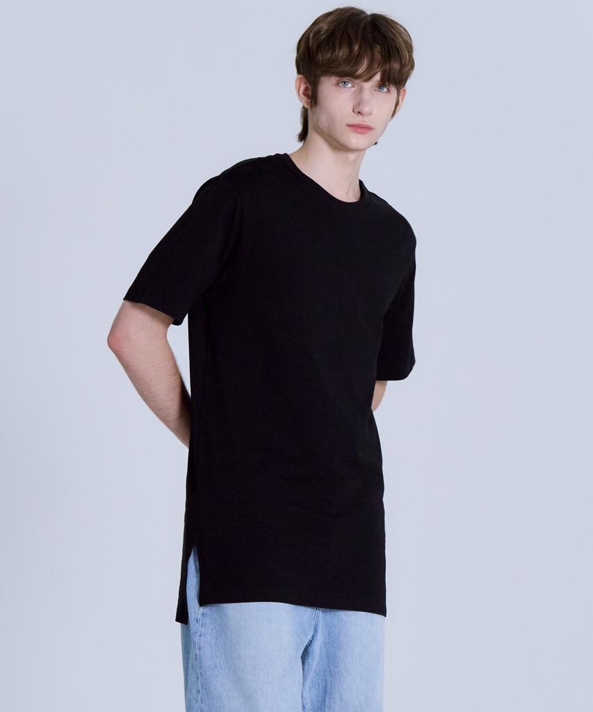 BASIC HOUSE Uni Layered Round Neck Short Sleeve Tee Long Length (+7Cm) Black Lats0106