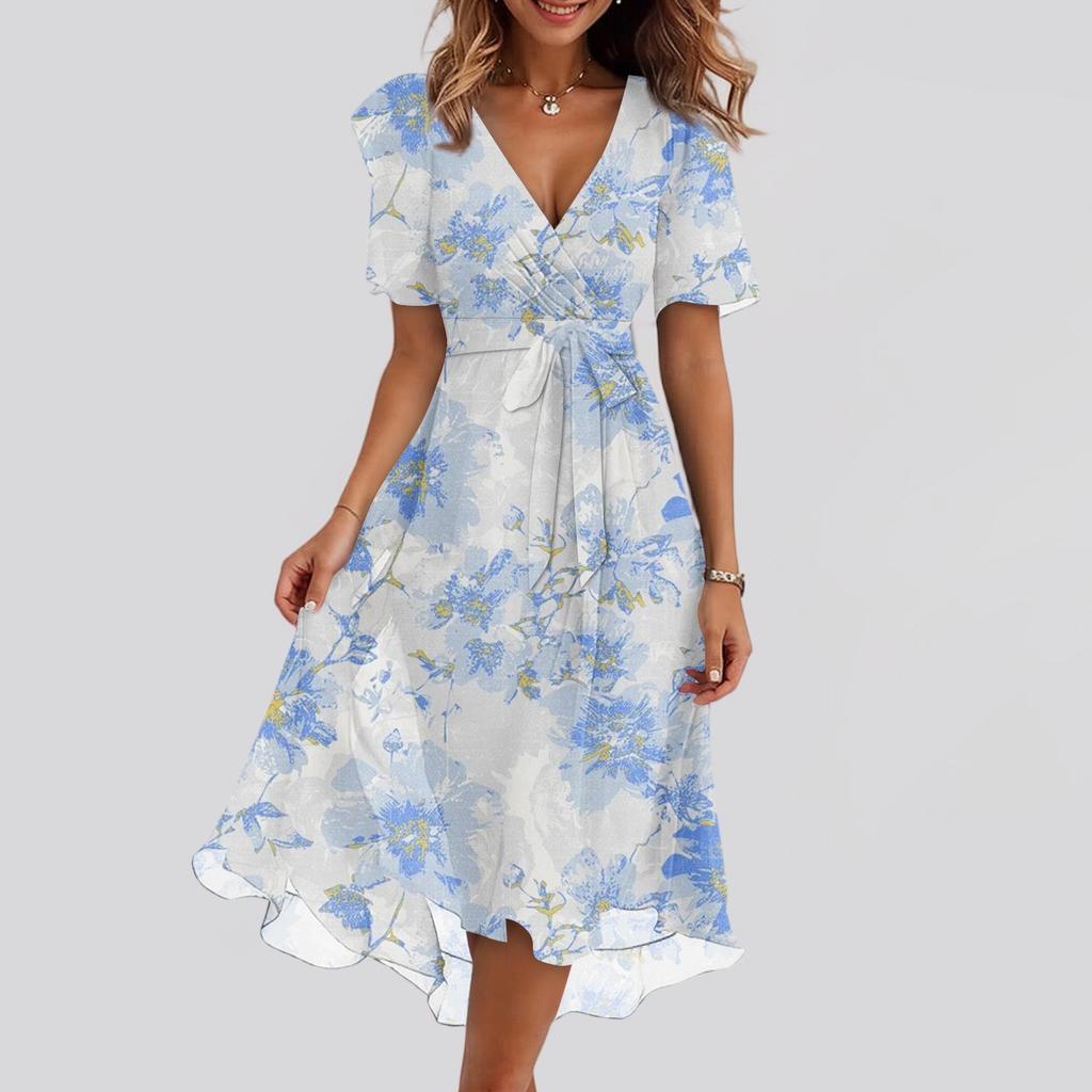 Женские модные повседневные платья с V-образным вырезом, короткими рукавами и оборками, винтажным принтом