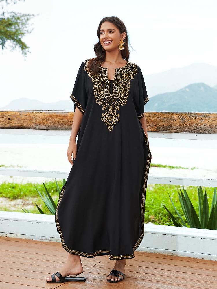 EDOLYNSA Черный кафтан с вышивкой больших размеров, летнее длинное пляжное платье, женская домашняя одежда, купальный костюм, свободный кафтан