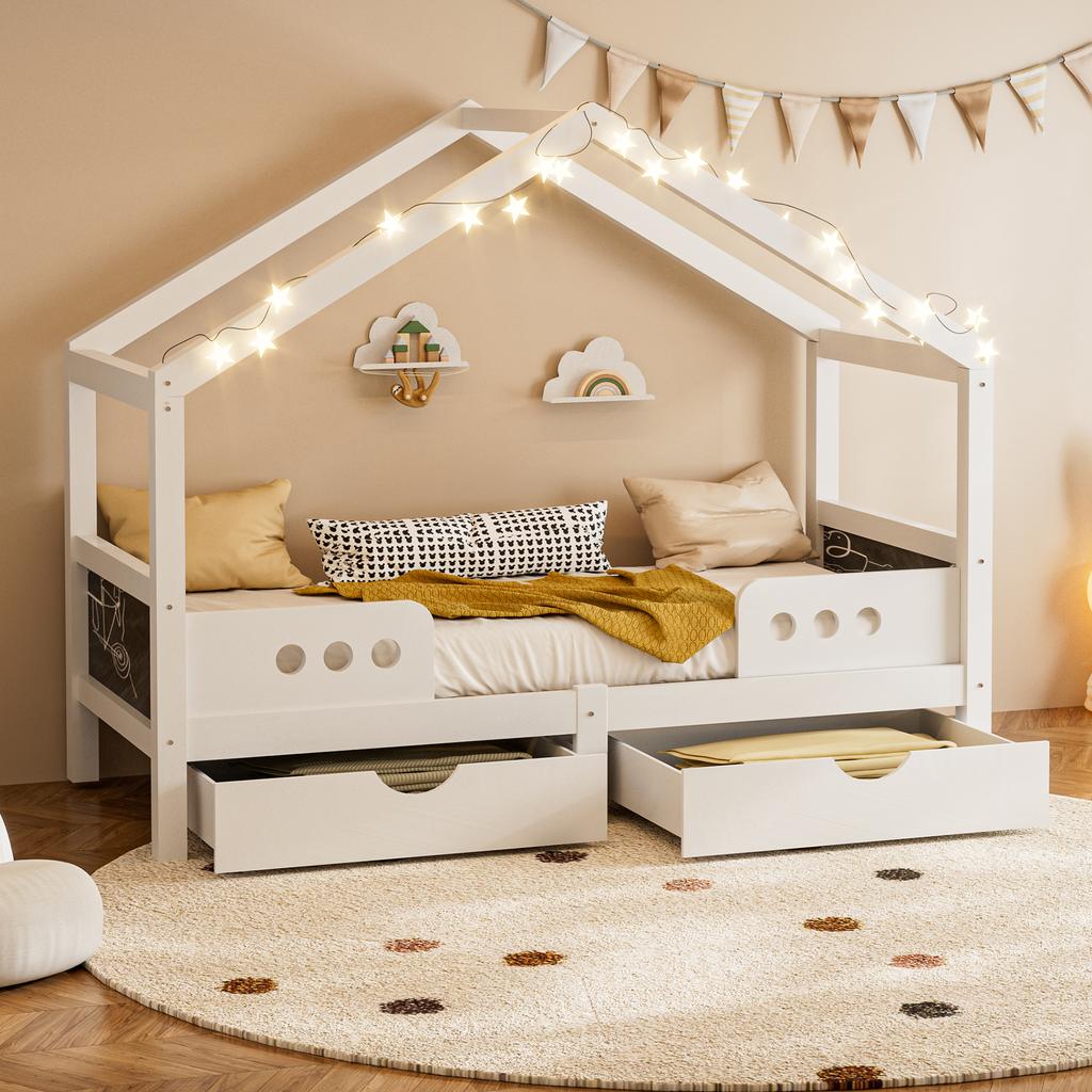 Children's bed with roof design, 2 large drawers, wood+MDF frame, UV coating almost odorless, capacity up to 120 kg, suitable for 90×200 cm mattress