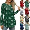 Женские рубашки с длинным рукавом и круглым вырезом, боковые разрезы, базовые свободные туники, повседневные рубашки с рождественским принтом