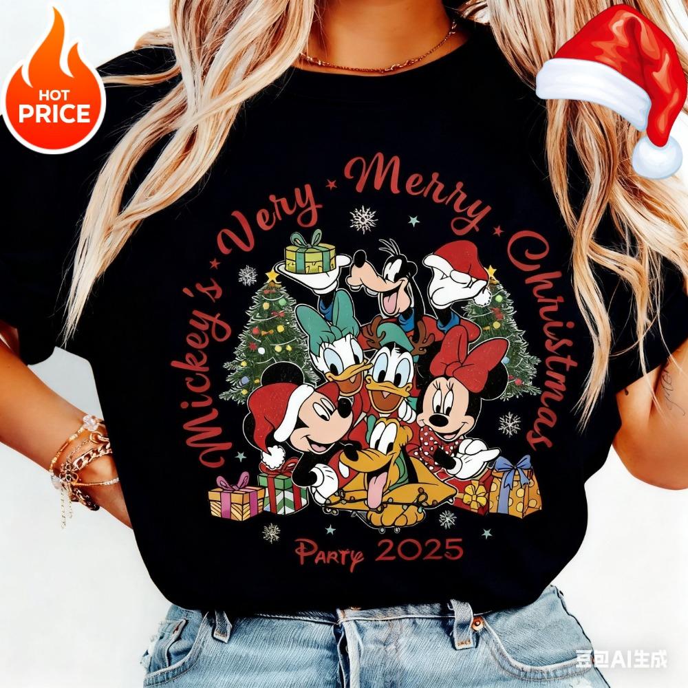 Рождественская футболка Disney Микки Маус для мальчиков и девочек, летняя, повседневная, унисекс, свободный топ с коротким рукавом