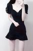 Black Knit Fabric Short Sleeve Mermaid Skirt With Ruffles For Summer Casual Wear