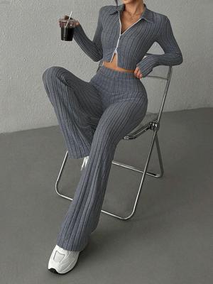 Комплект женский повседневный с длинным рукавом на молнии в европейском и американском стиле - Коллекция Осень/Зима