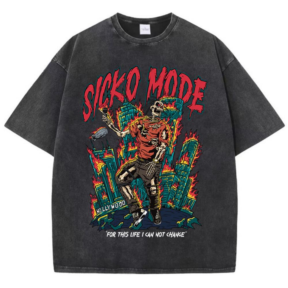 American Retro T-shirt Men's Fashion Street Clothes Washed Old Street Clothes Skeleton Singer Graphic TShirts