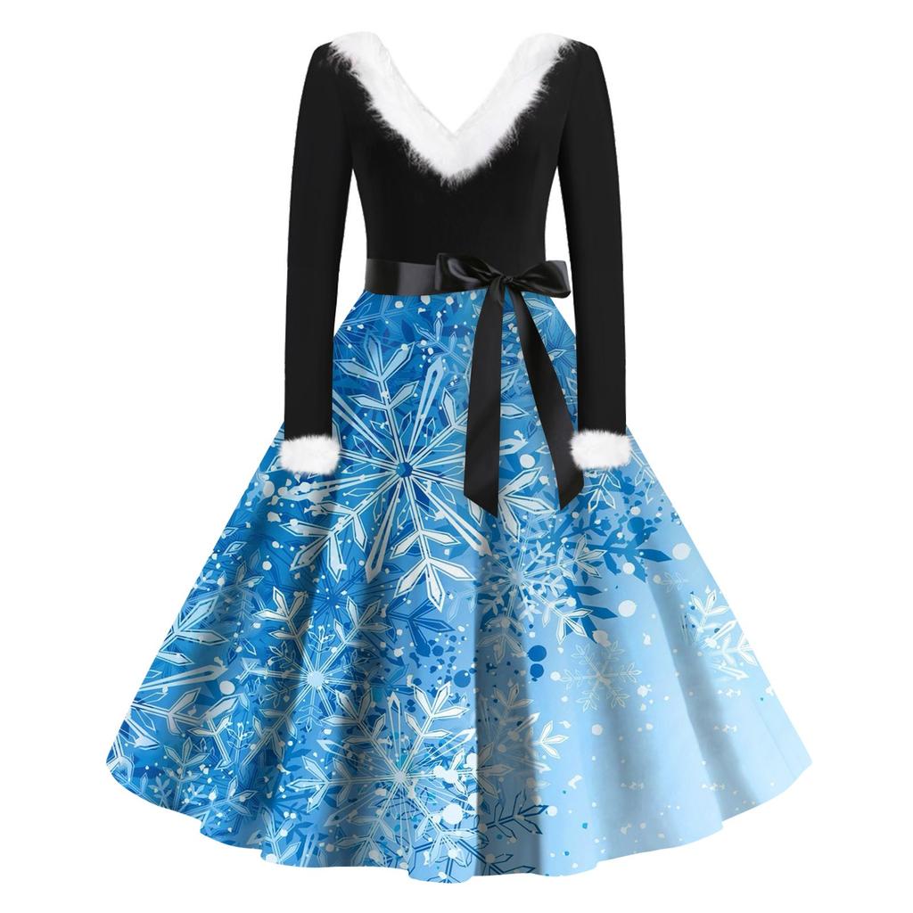 Women's Fashion V-Neck Casual Slim Christmas Printed Long Sleeve Woolen Dresses