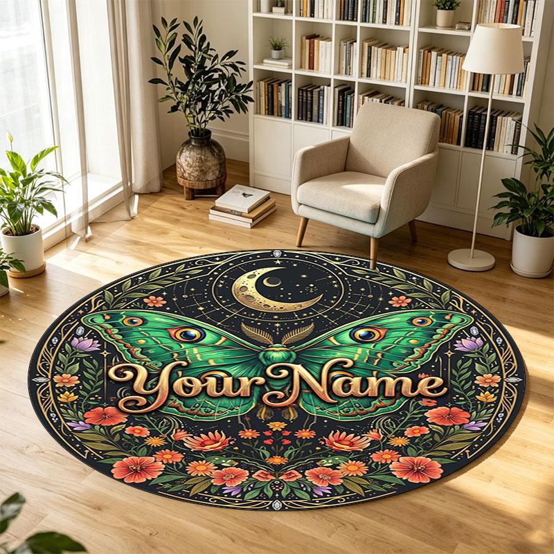 Butterfly Moth Dragonfly (55) Theme Circular Crystal Velvet Carpet Customized Name & Text Round Soft Floor Rug For Living Room Bedroom Decor