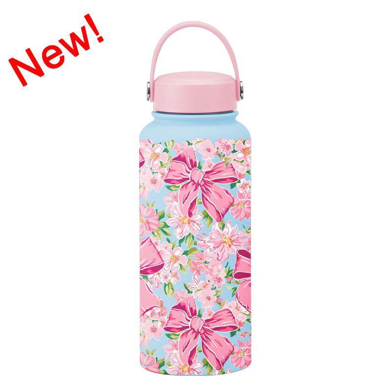 2025 New Model 1L Large Capacity Thermos Cup with Wide Mouth, Portable Handle, Sports Water Bottle, Outdoor Printed Water Cup for Women