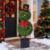 60/85CM Christmas Snowman Topiary Tree Snowman Shaped Artificial Topiary with Red Bow Topper Hat Indoor Outdoor Garden Porch Decoration