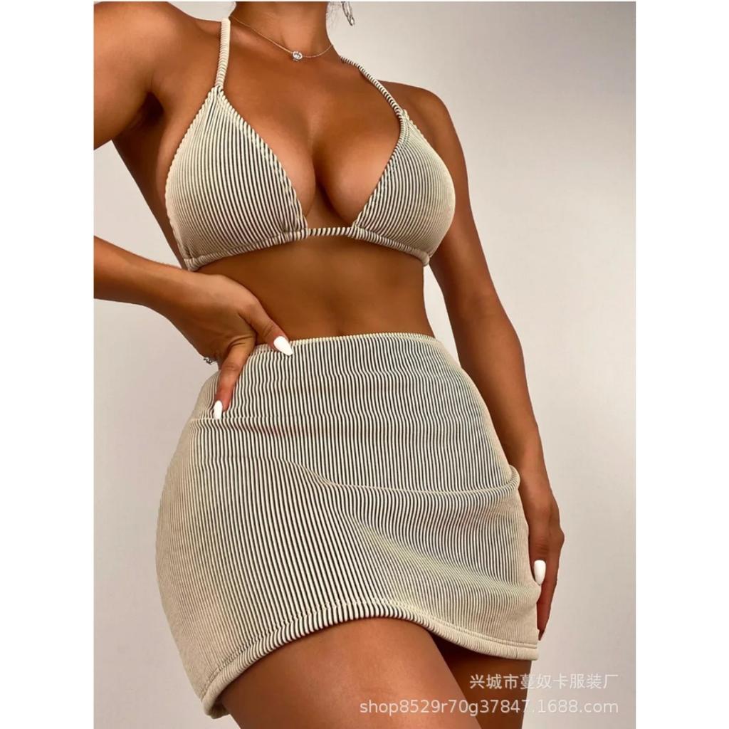 С юбкой в рубчик, бикини, женский купальник, женский купальник, комплект из трех частей, купальный костюм для плавания
